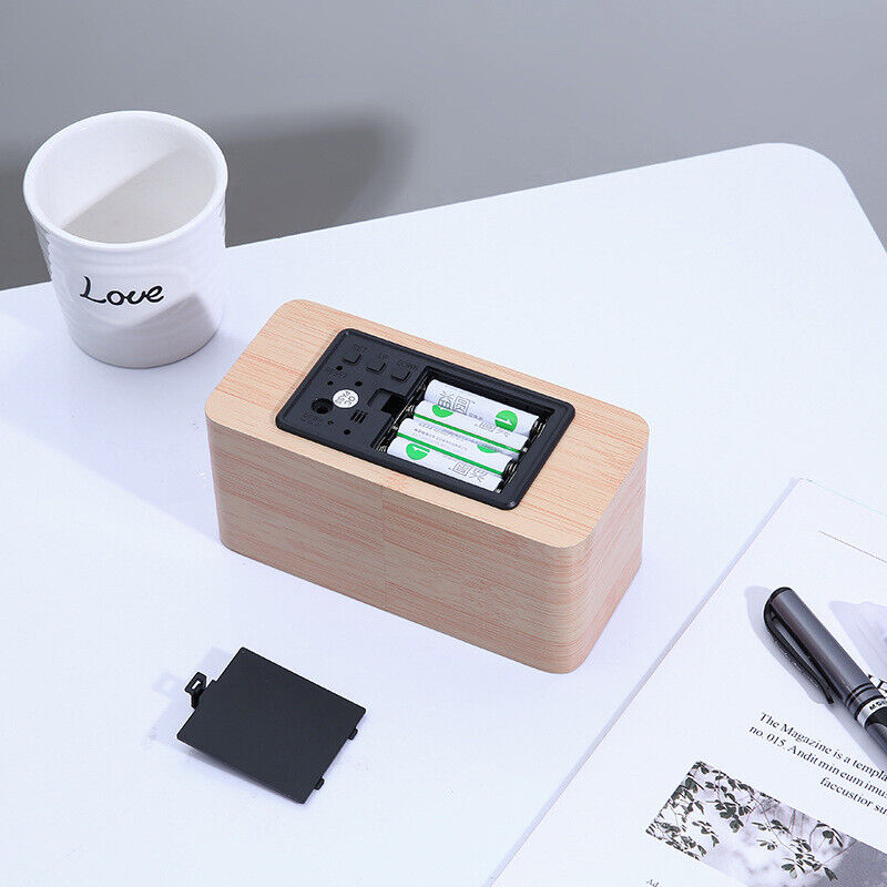 Digital Alarm Clock Wooden Table Desk Bedside LED Clock With Wireless Charger