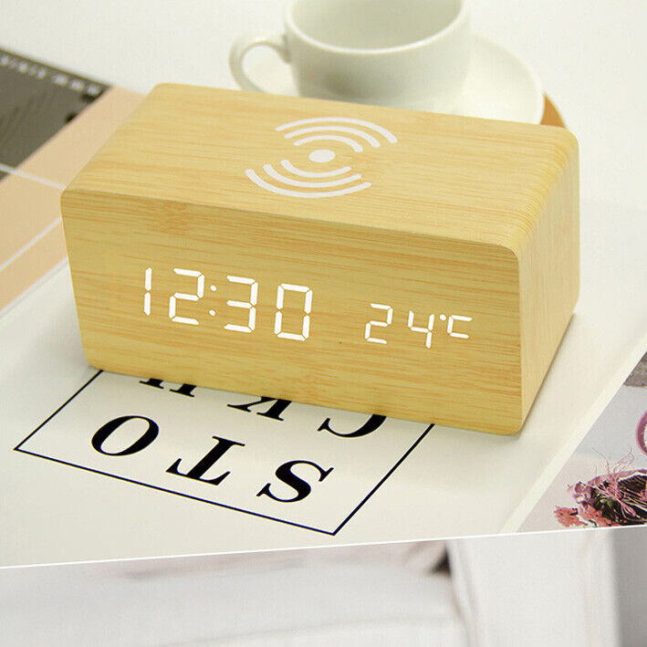 Digital Alarm Clock Wooden Table Desk Bedside LED Clock With Wireless Charger