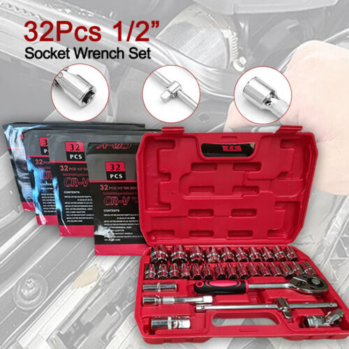 32Pcs CRV Socket Set 1/2in Ratchet Sleeve Wrench Quick Release Spanner Auto Re
