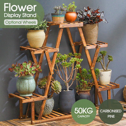 Heavy Duty Pine Wood Plant Stand Triangle In-Outdoor Flower Succulent Pots Shelf