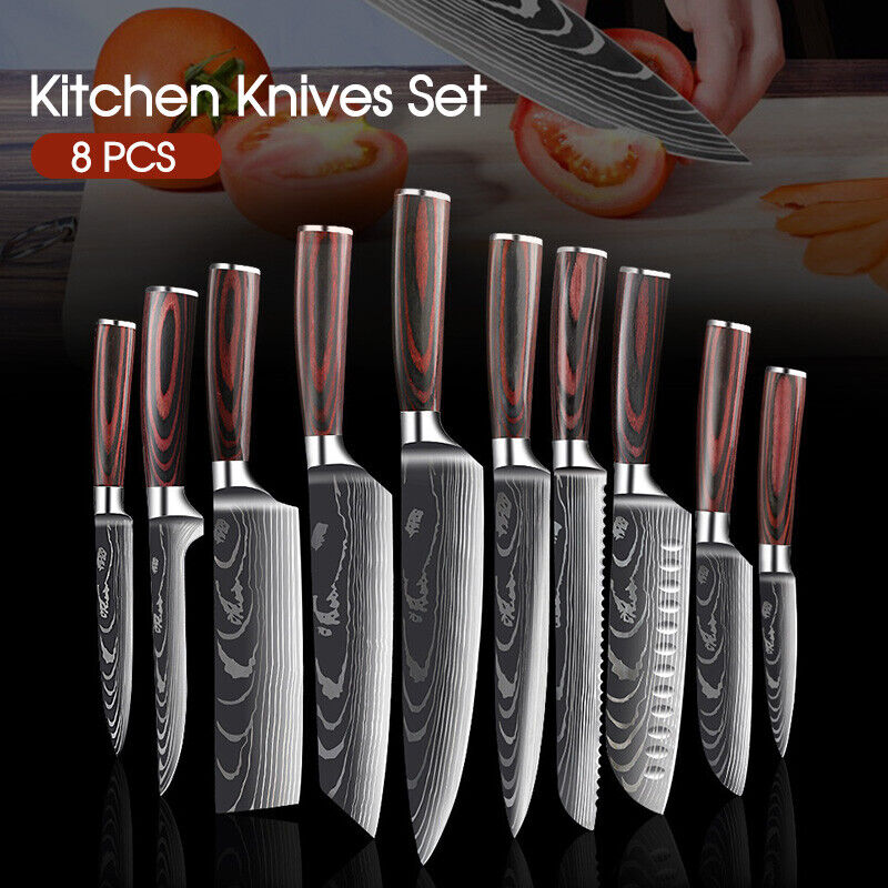 8 PCS Kitchen Knives Set Stainless Steel Japanese Damascus Pattern Chef Knife
