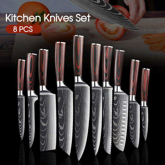 8 PCS Kitchen Knives Set Stainless Steel Japanese Damascus Pattern Chef Knife