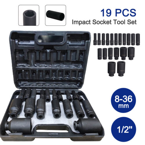 19pcs 1/2''Drive Deep Impact Socket Tool Set Metric Garage Workshop Tools 8-36MM
