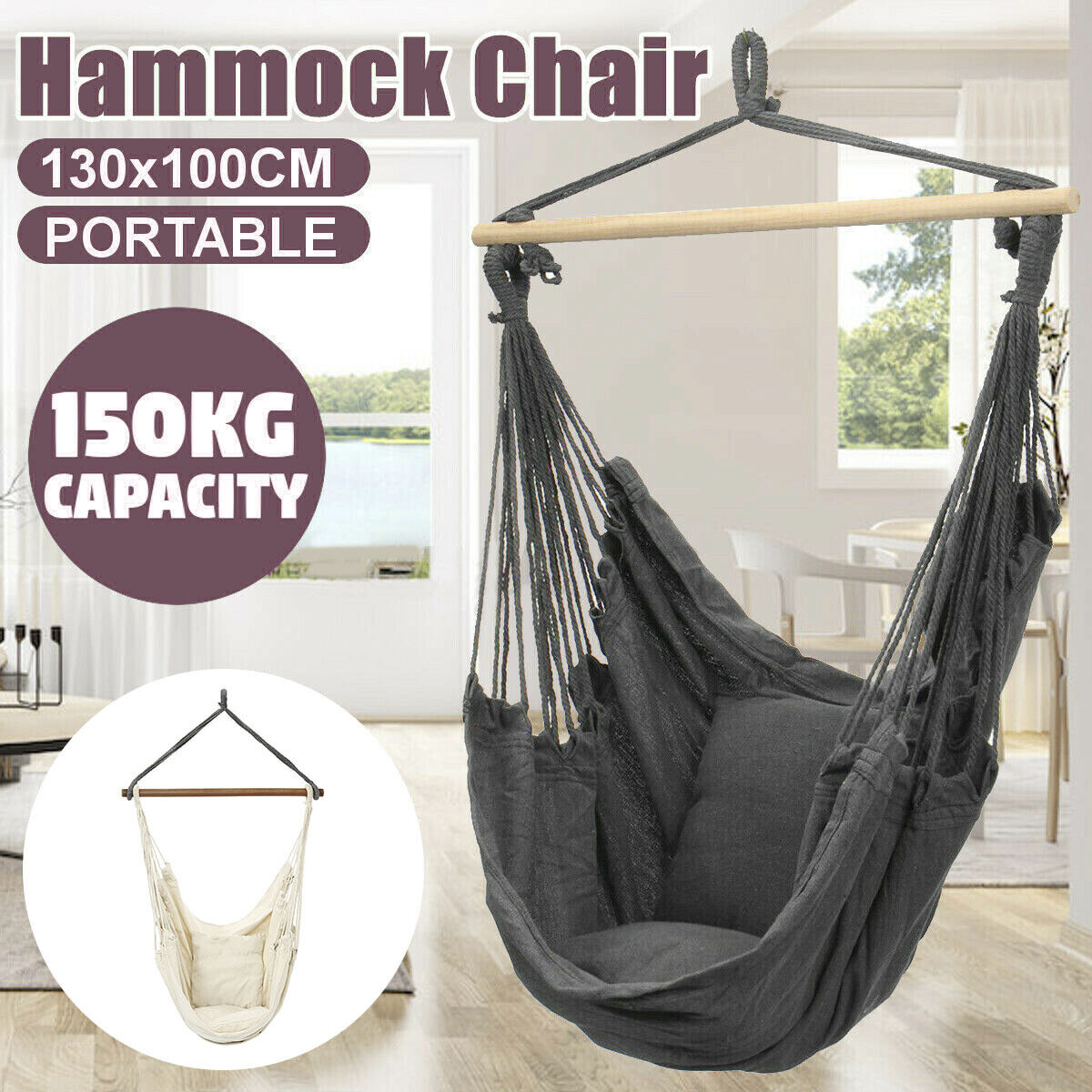 Portable Hanging Hammock Chair Swing Garden Outdoor Camping Soft Cushions New