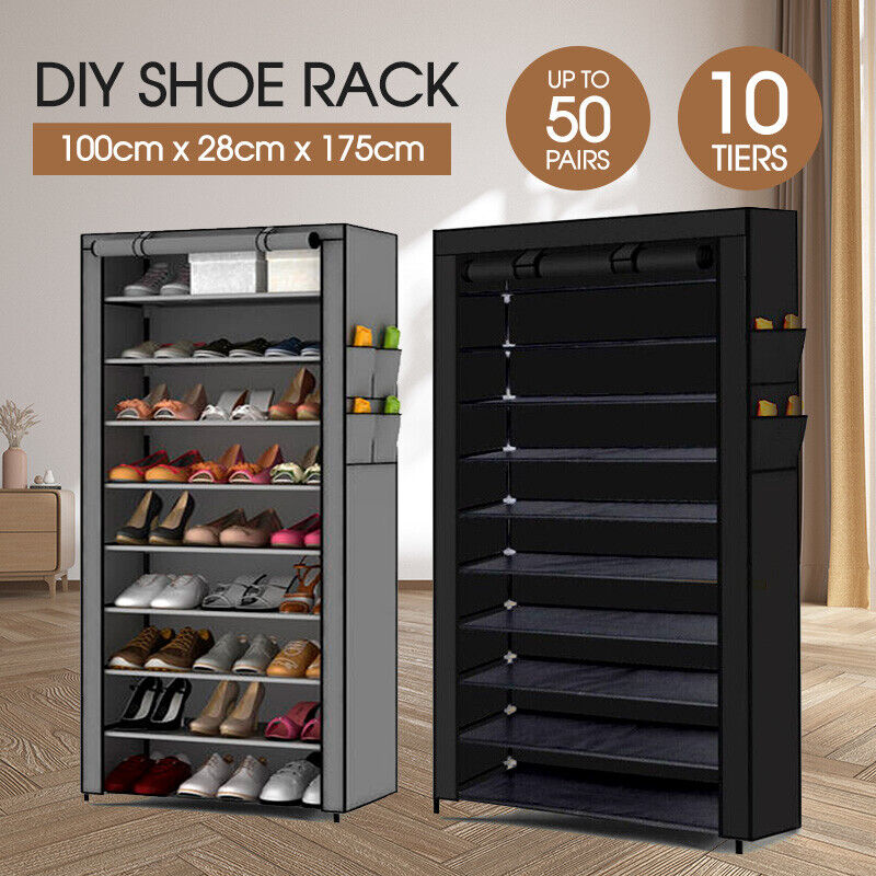 Portable 10 Tier Shoe Rack Storage Cabinet Organiser Wardrobe Cover