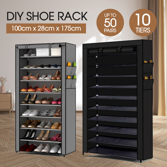 Portable 10 Tier Shoe Rack Storage Cabinet Organiser Wardrobe Cover