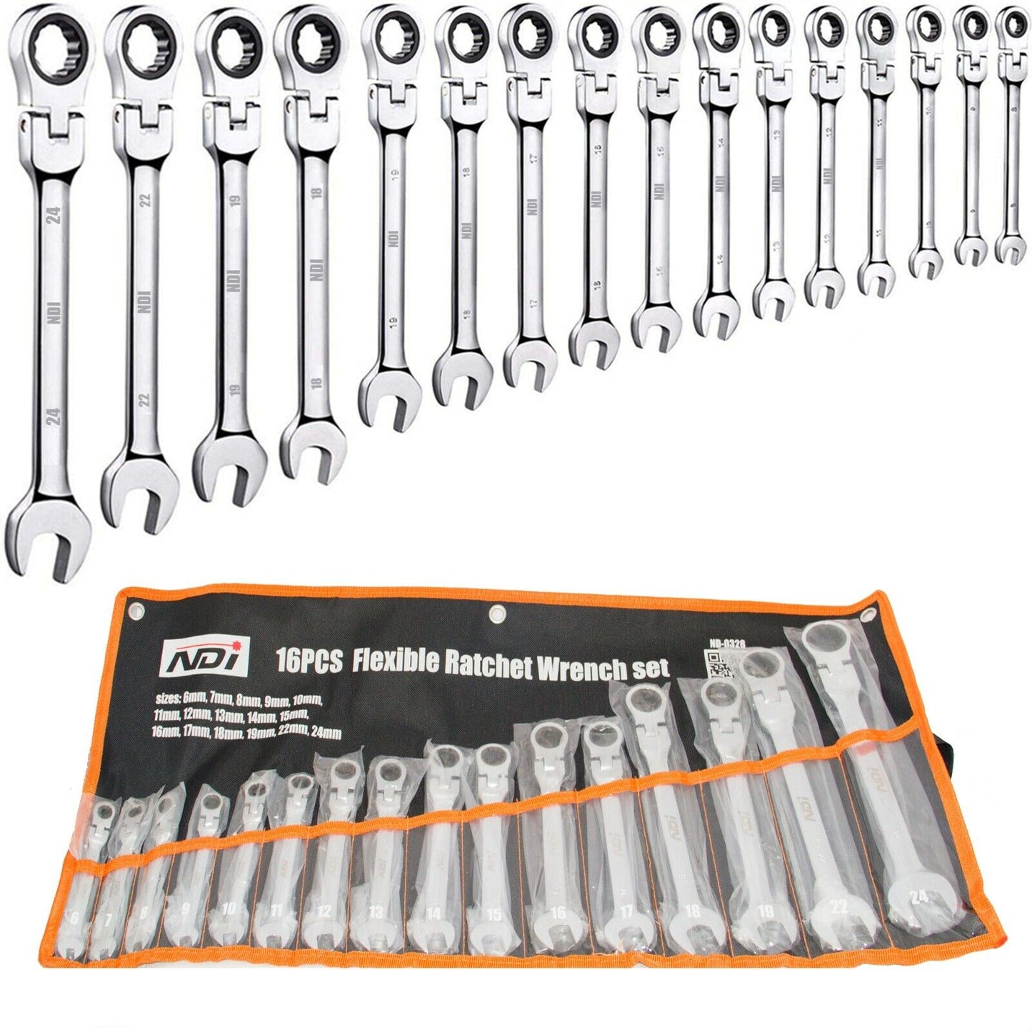 16 PCS NDI 2022 Flexi Head Ratchet Spanner Set 6MM-24MM Metric ND-0328