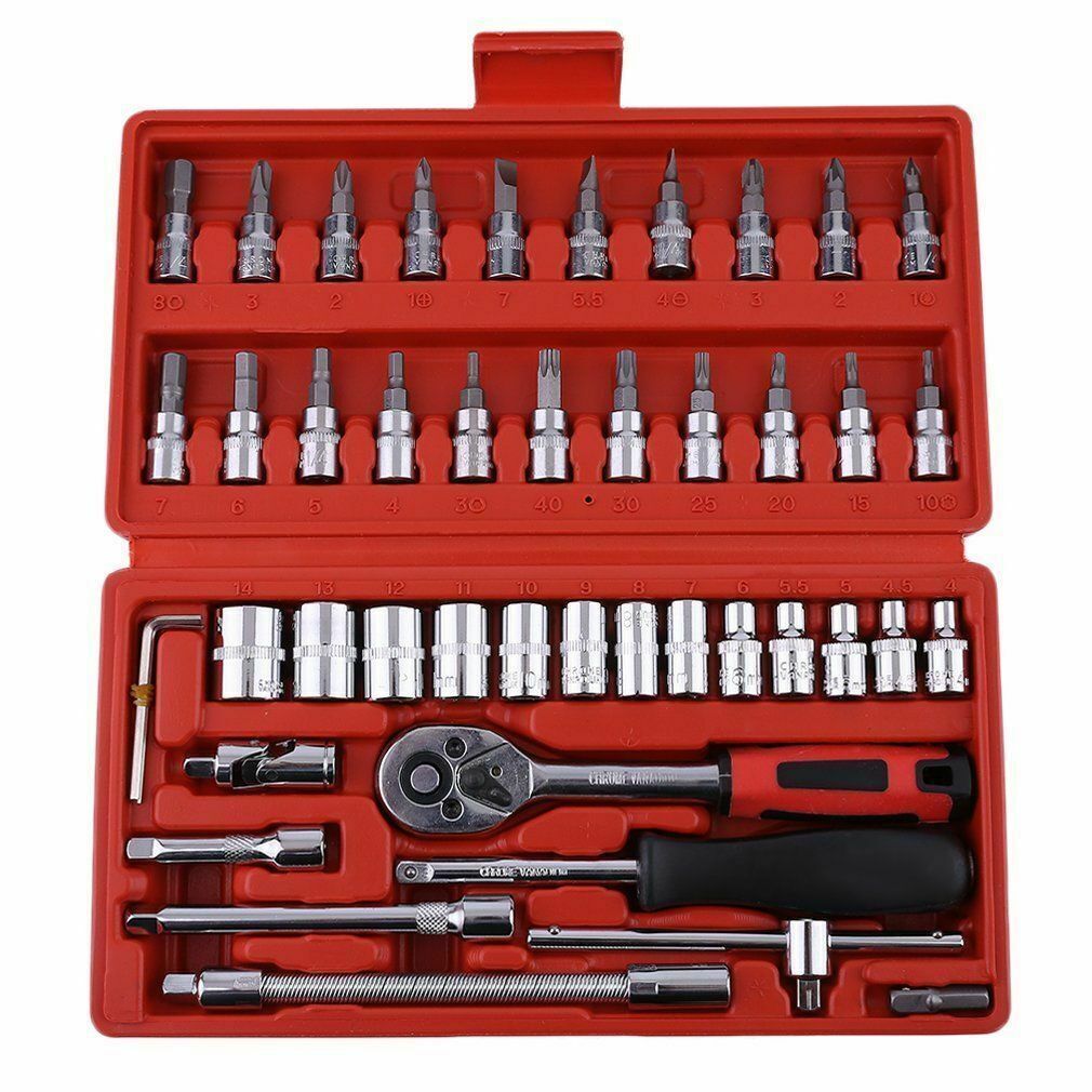 46pcs Socket Wrench Set CRV 1/4" Drive Metric Flexiable Extension Bar Truck Case