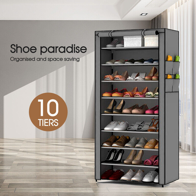 Portable 10 Tier Shoe Rack Storage Cabinet Organiser Wardrobe Cover