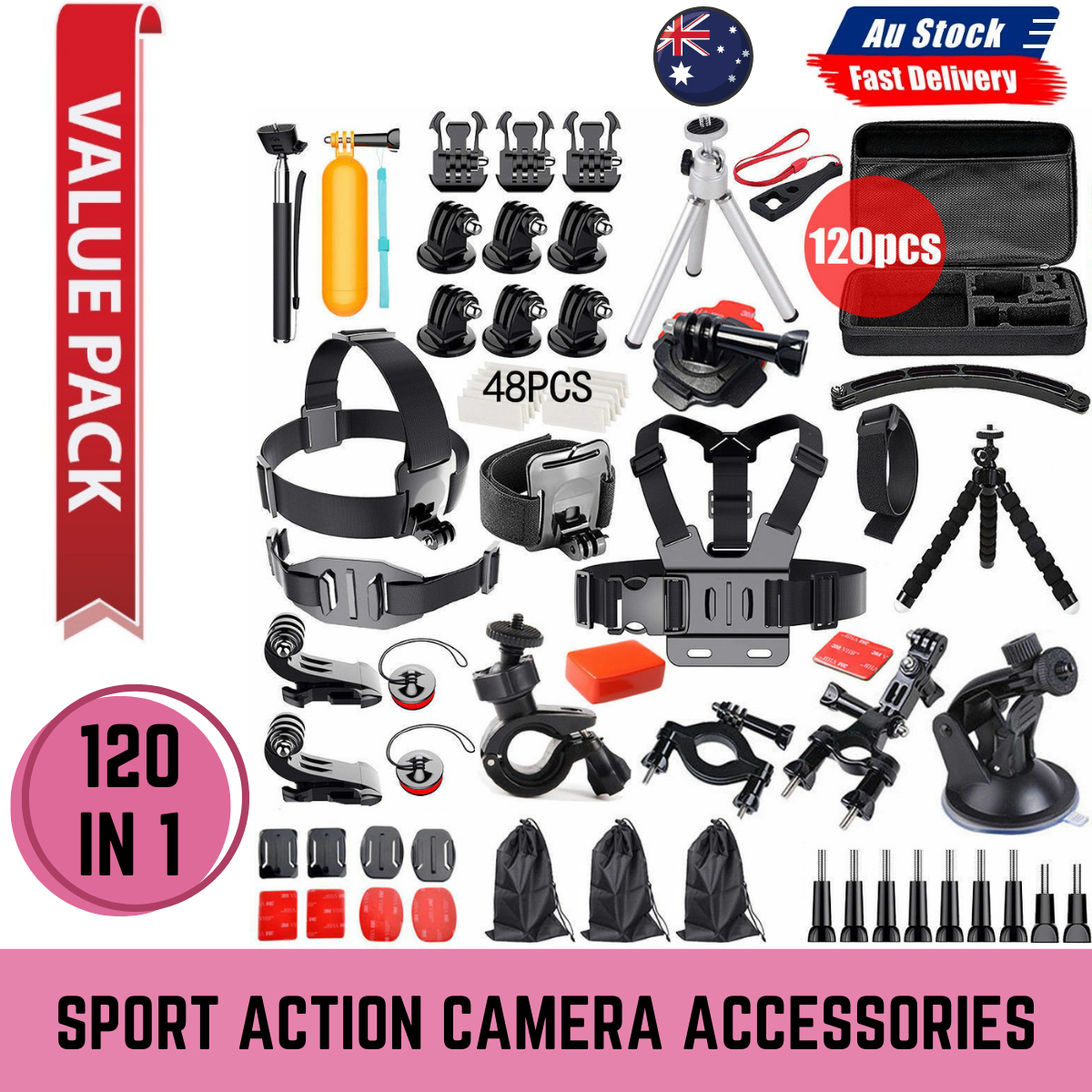 120pcs Accessories Pack Case Chest Head Float Monopod GoPro Hero 8 7 6 5 4 3+