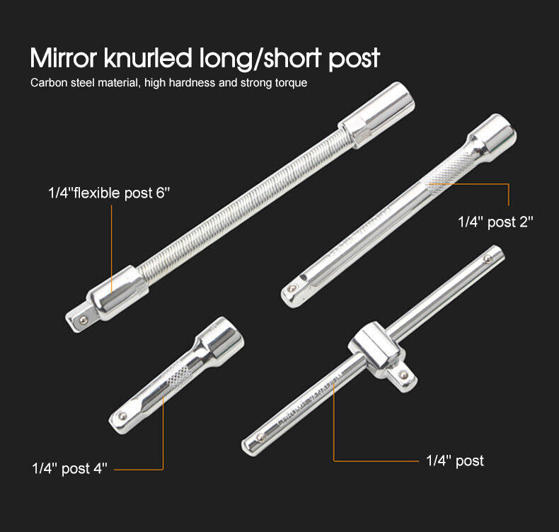 53PCS Deep Socket Set Metric Wrench CRV 1/4" Drive Flexiable Extension Bar Tools