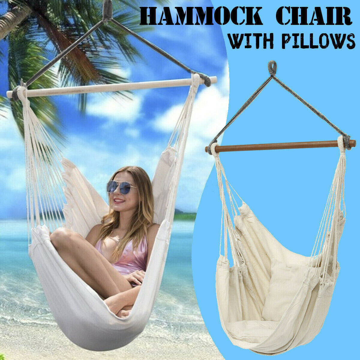 Portable Hanging Hammock Chair Swing Garden Outdoor Camping Soft Cushions New