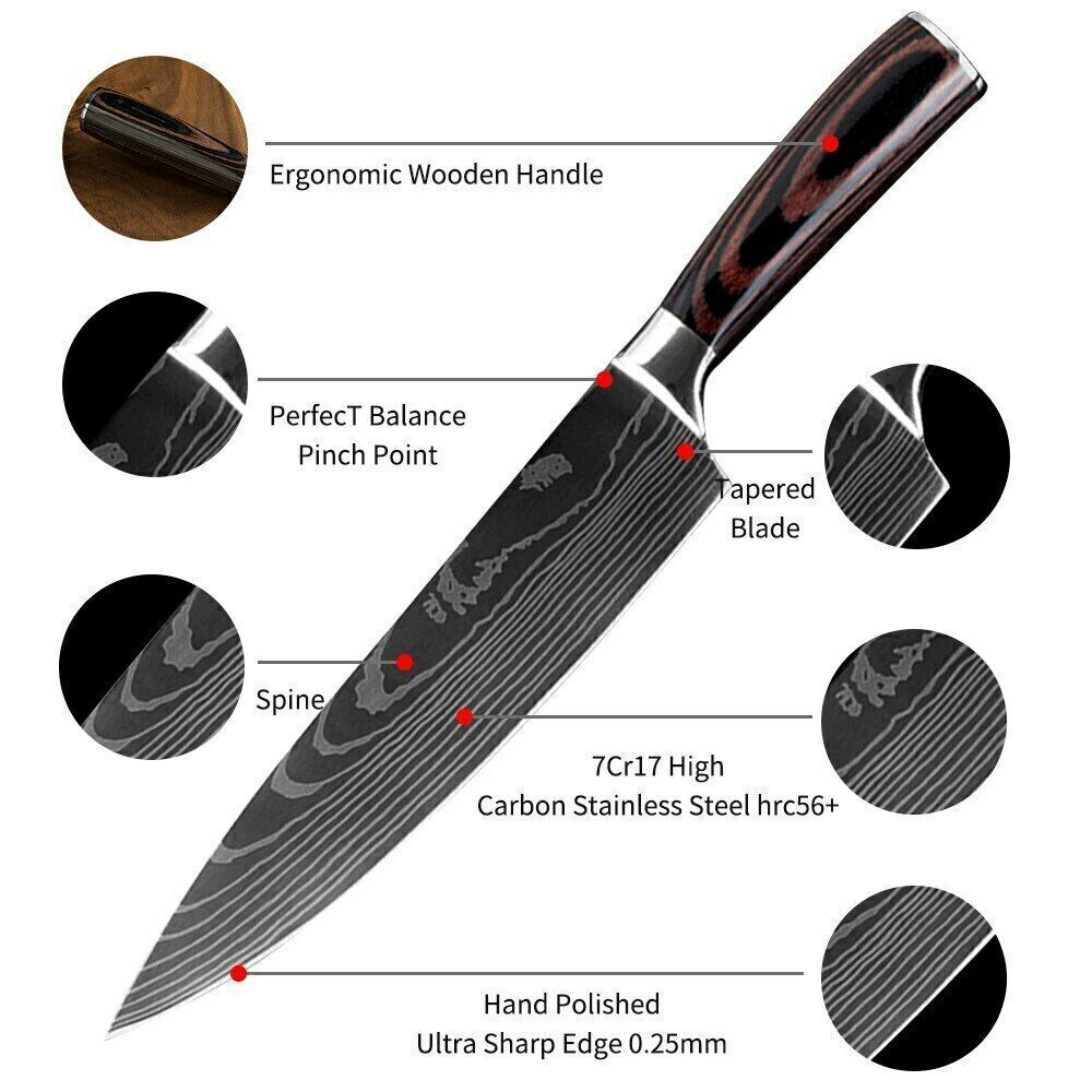 8 PCS Kitchen Knives Set Stainless Steel Japanese Damascus Pattern Chef Knife