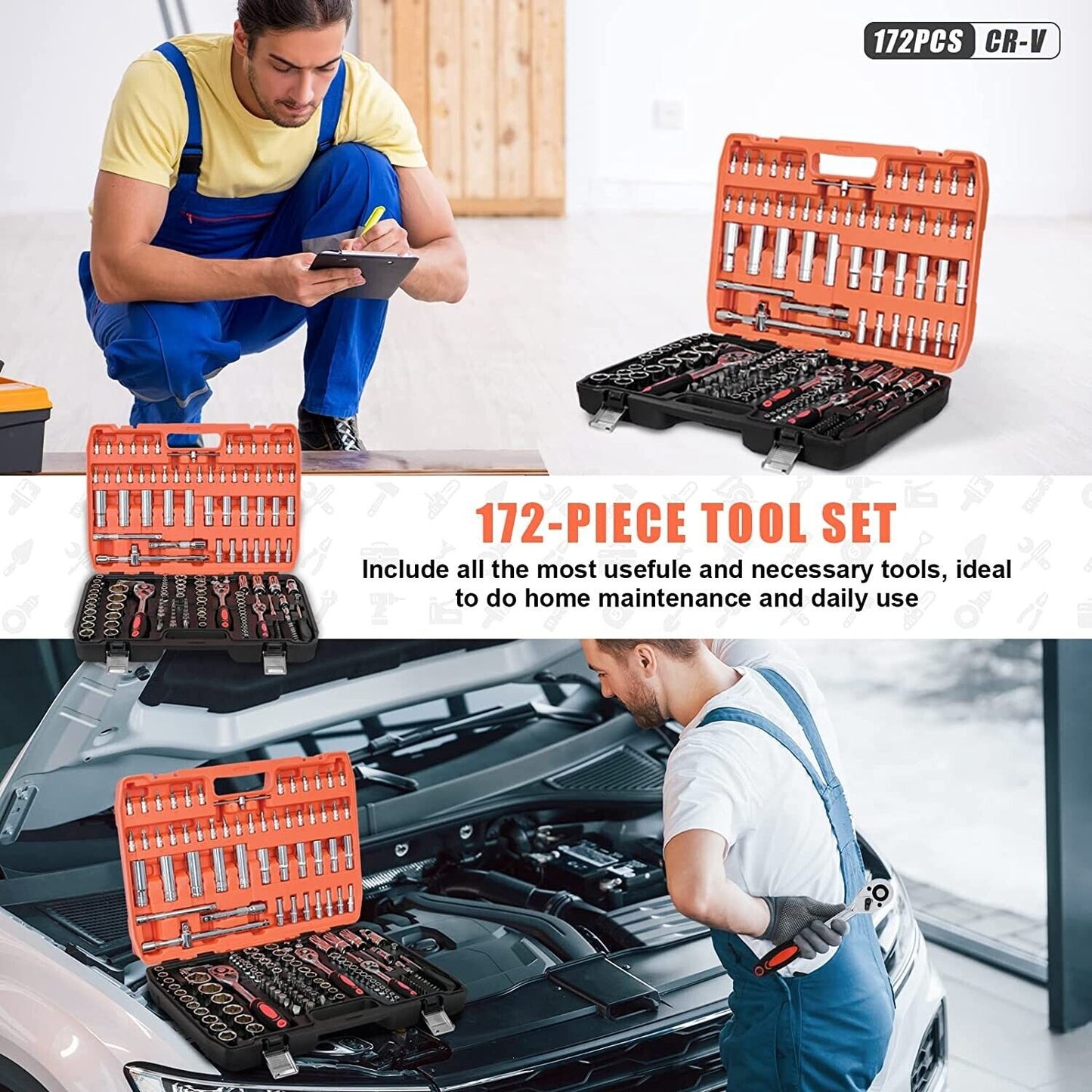 Ratchet Spanner Socket Set 1/2" 1/4" 3/8" Tool Kit Wrench Toolbox 172 Pcs