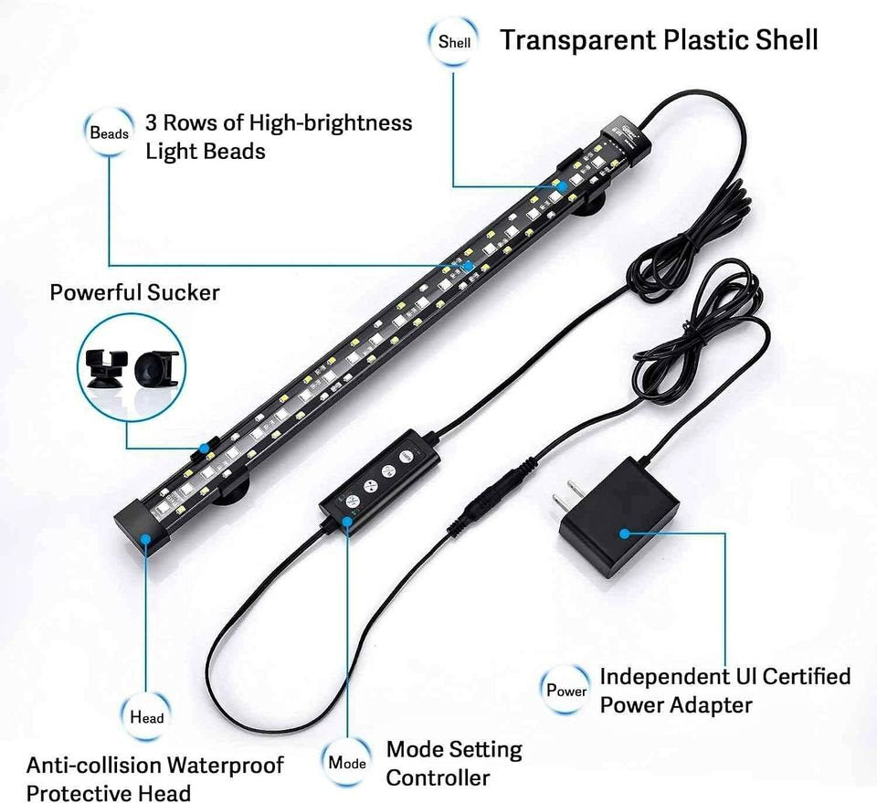 24/7 Mode Submersible Aquarium LED Light, Full Spectrum Hidden Fish Tank Light with 3 Rows Beads