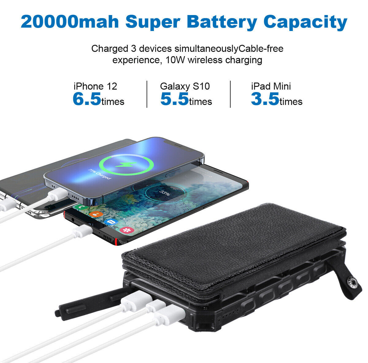 Solar Charging Portable 20000mAh QI Wireless Power Bank Folding panel For Phone