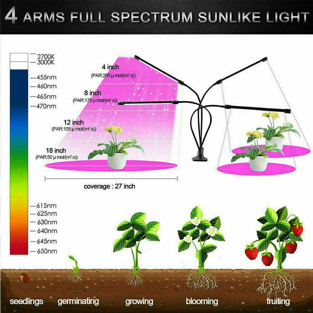 4 Head 80 LED Grow Light Growing Veg Flower Indoor Clip 40W Plant Lamp