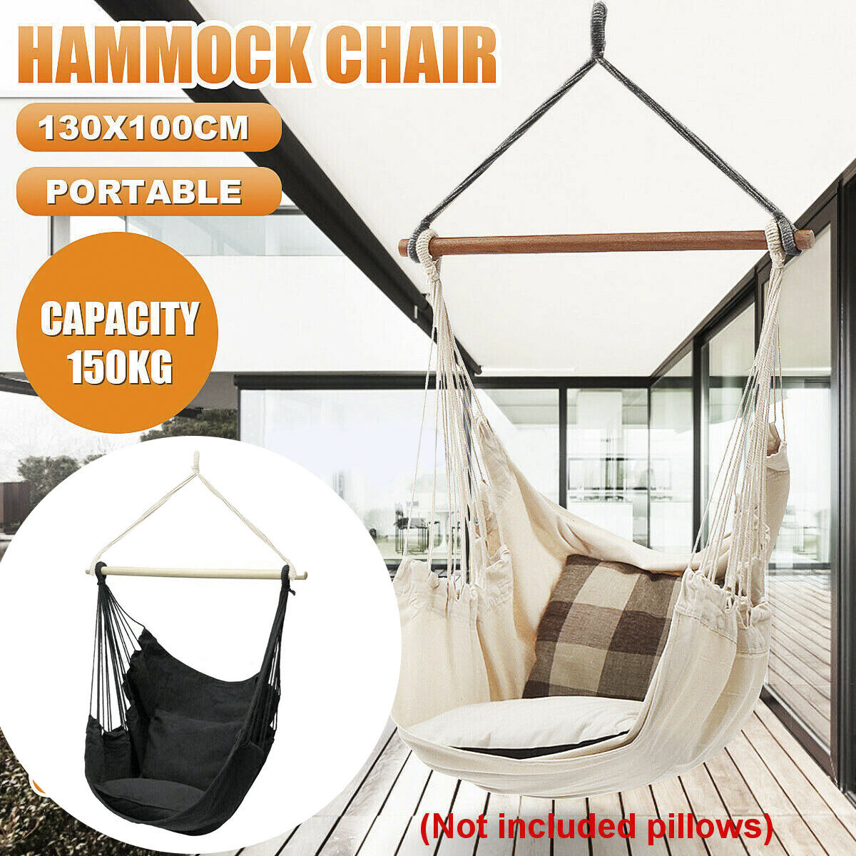 Portable Hanging Hammock Chair Swing Garden Outdoor Camping Soft Cushions New