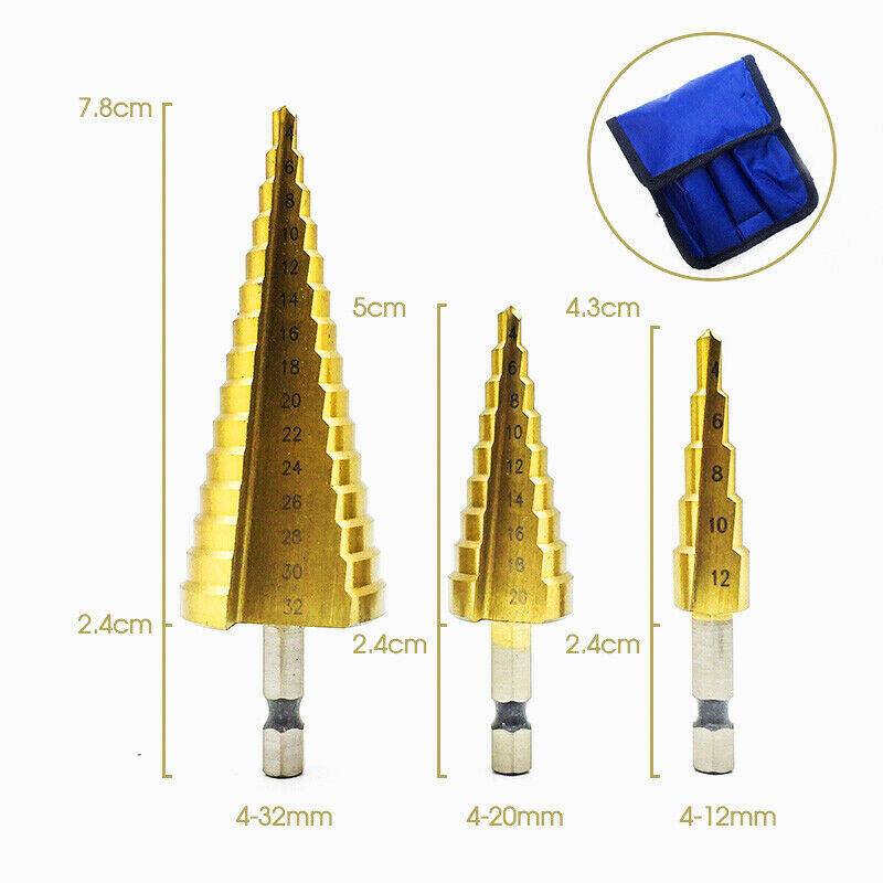 3Pcs Large HSS Speed Steel Step Cone Drill Titanium Bit Set Hole Cutter BIT