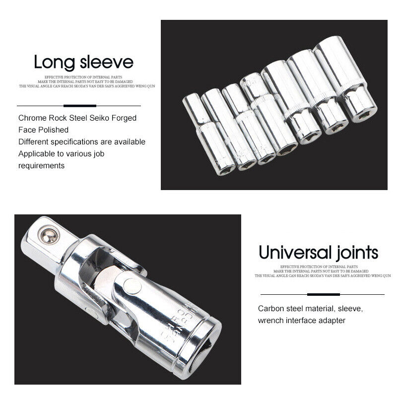 53PCS Deep Socket Set Metric Wrench CRV 1/4" Drive Flexiable Extension Bar Tools