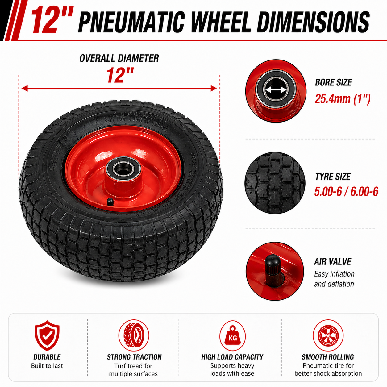 13" Wheelbarrow Trolley Wheel 5.00-6 Pneumatic Tyre 25.4mm Bore Tire Steel Rim