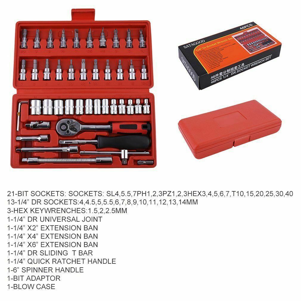 46pcs Socket Wrench Set CRV 1/4" Drive Metric Flexiable Extension Bar Truck Case