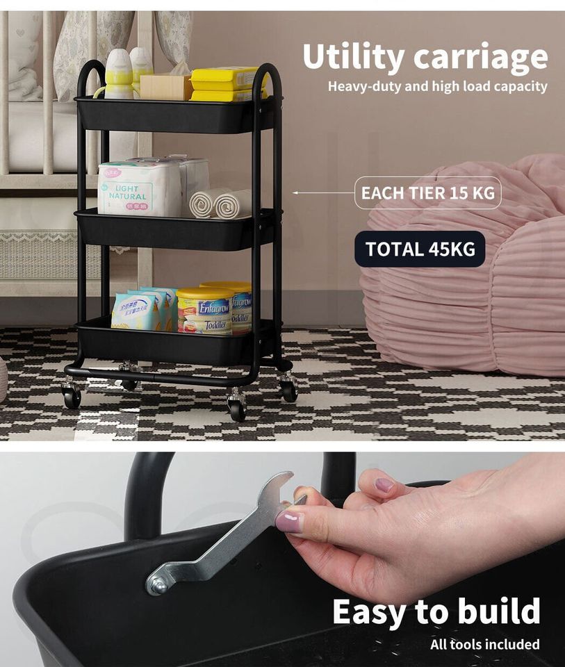 Levede 3 Tiers Kitchen Storage Trolley Cart Steel Rack Shelf Organiser Wheels