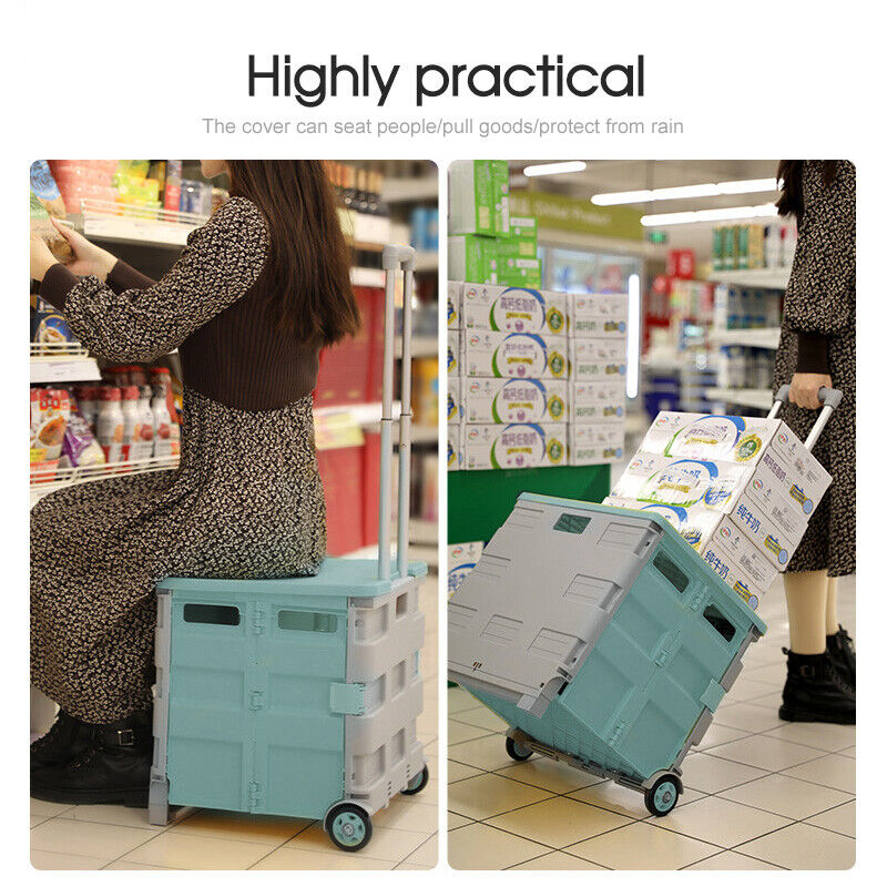 Shopping Trolley Cart Foldable Camping Cart Grocery Basket 360° Wheels with Lid