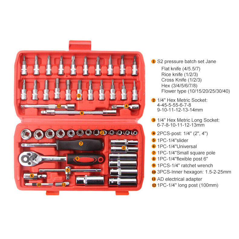 53PCS Deep Socket Set Metric Wrench CRV 1/4" Drive Flexiable Extension Bar Tools