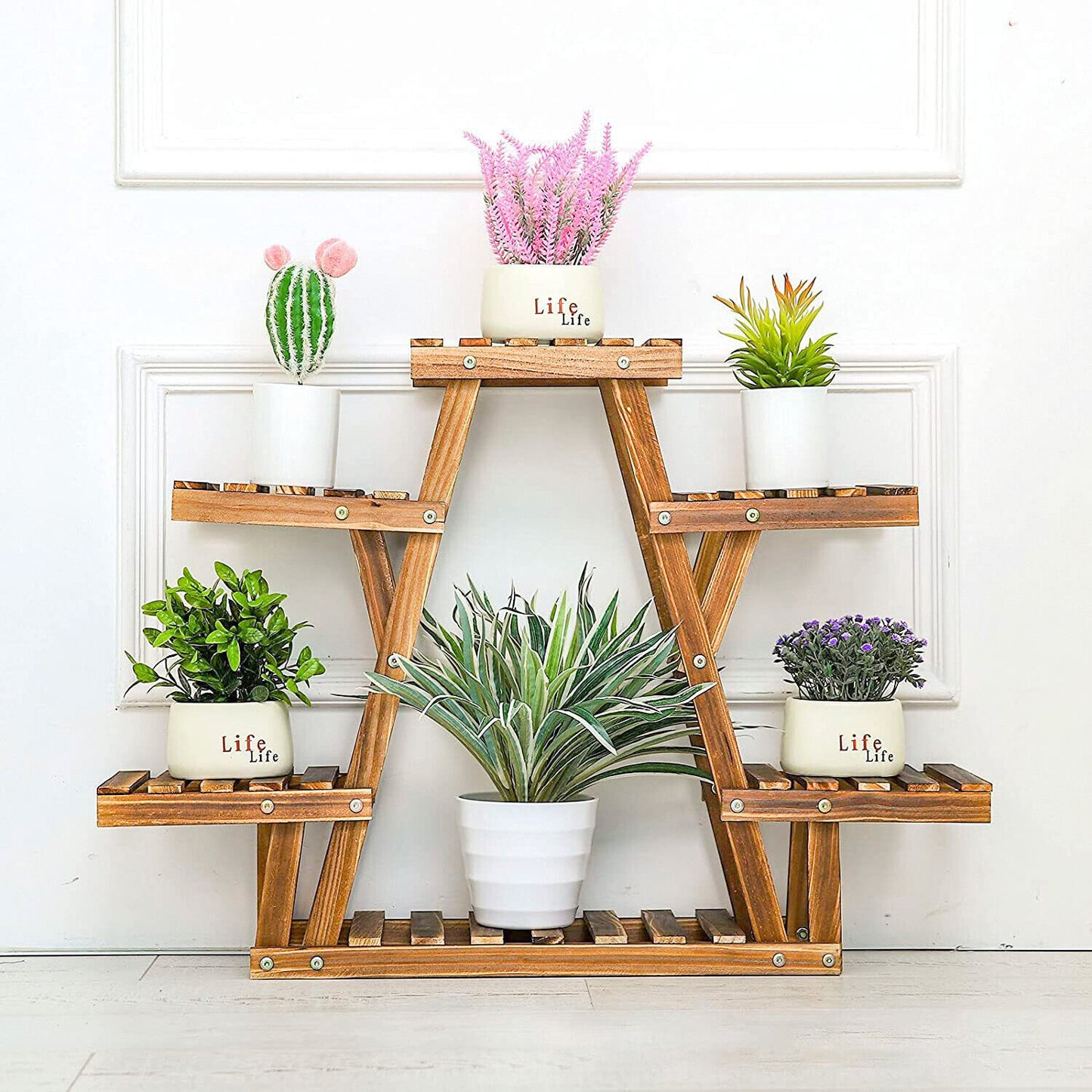 Heavy Duty Pine Wood Plant Stand Triangle In-Outdoor Flower Succulent Pots Shelf