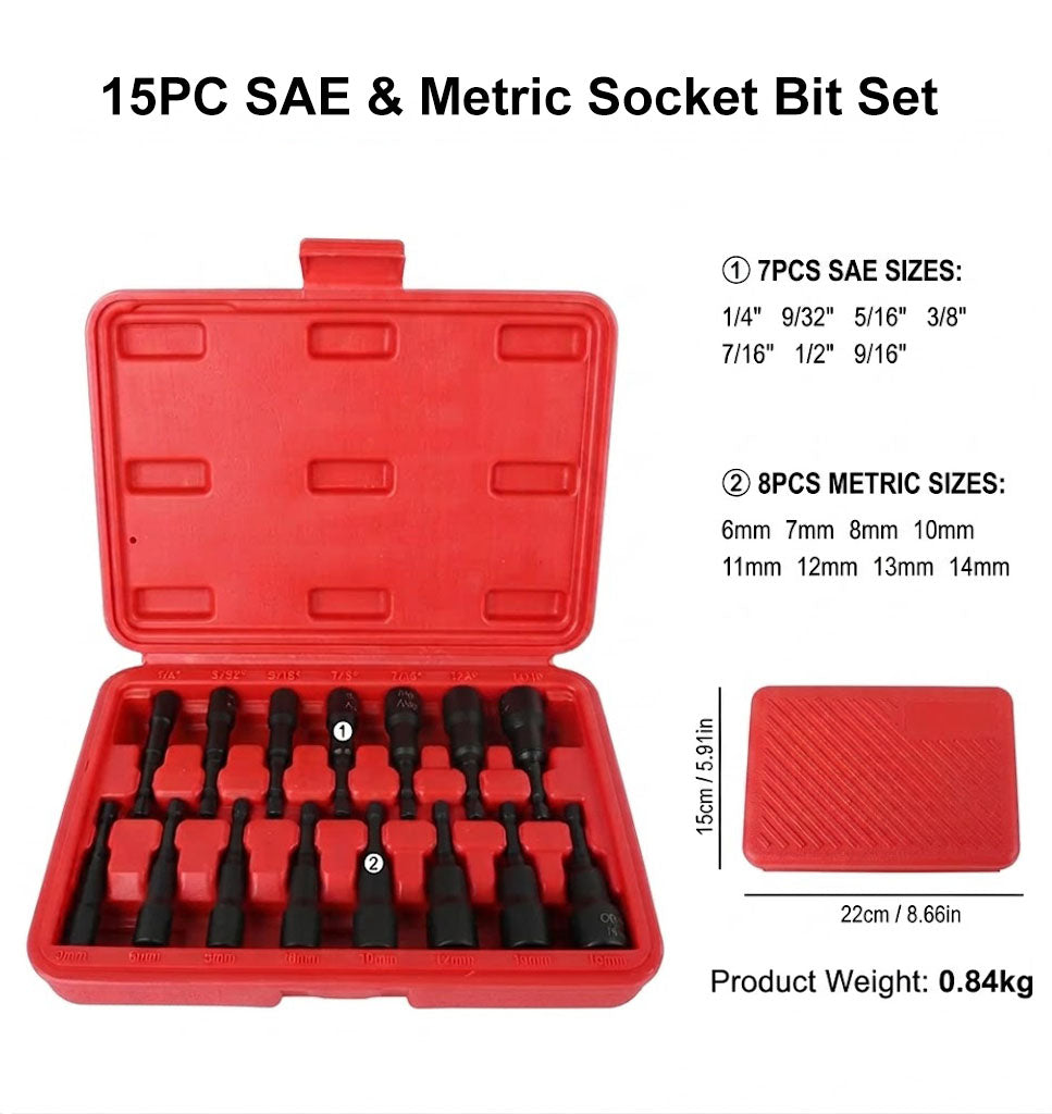 Magnetic Impact Nut Driver Set 15Pcs SAE & Metric 14 Inch Quick Change