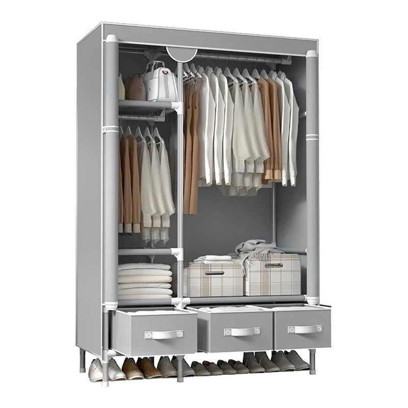 Rolling Door Wardrobe with Hanging Rack Non-woven Fabric Storage Organizer