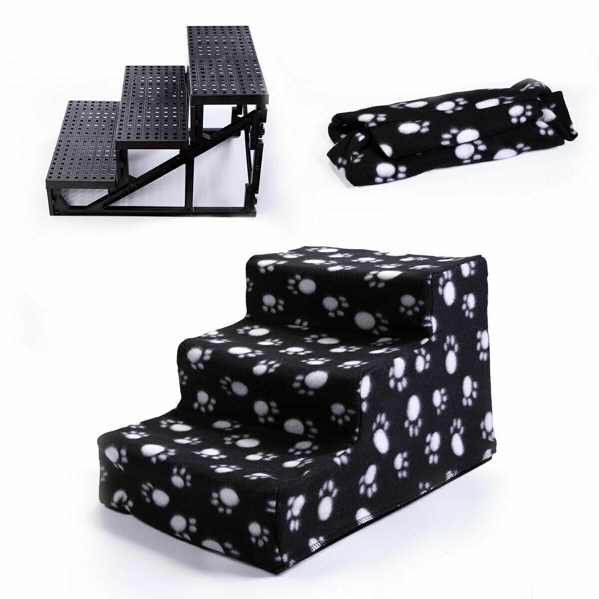 Pet Stairs 3 Steps Portable Cat Dog Ladder w/ Cover Step Ramp Climb For Pup Play