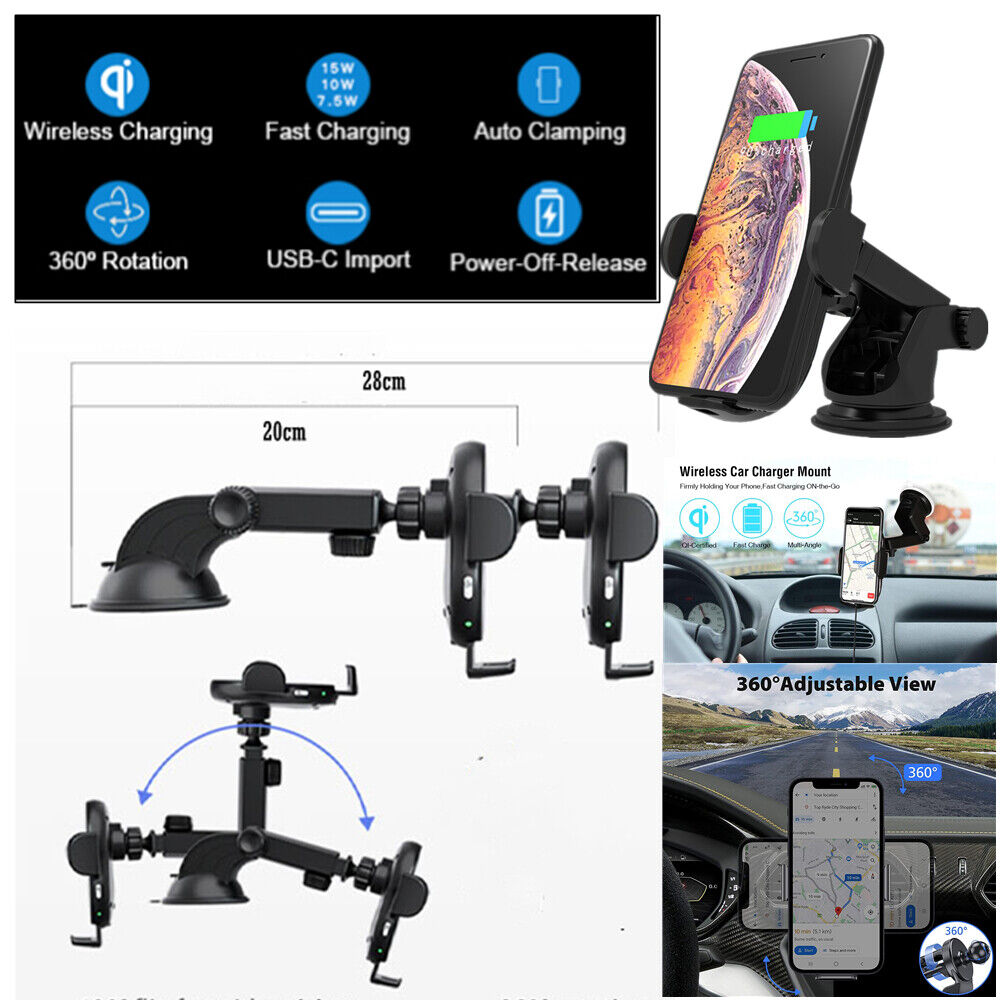 Wireless Fast Charger Car Mount Phone Holder Automatic Clamp Windscreen Stand