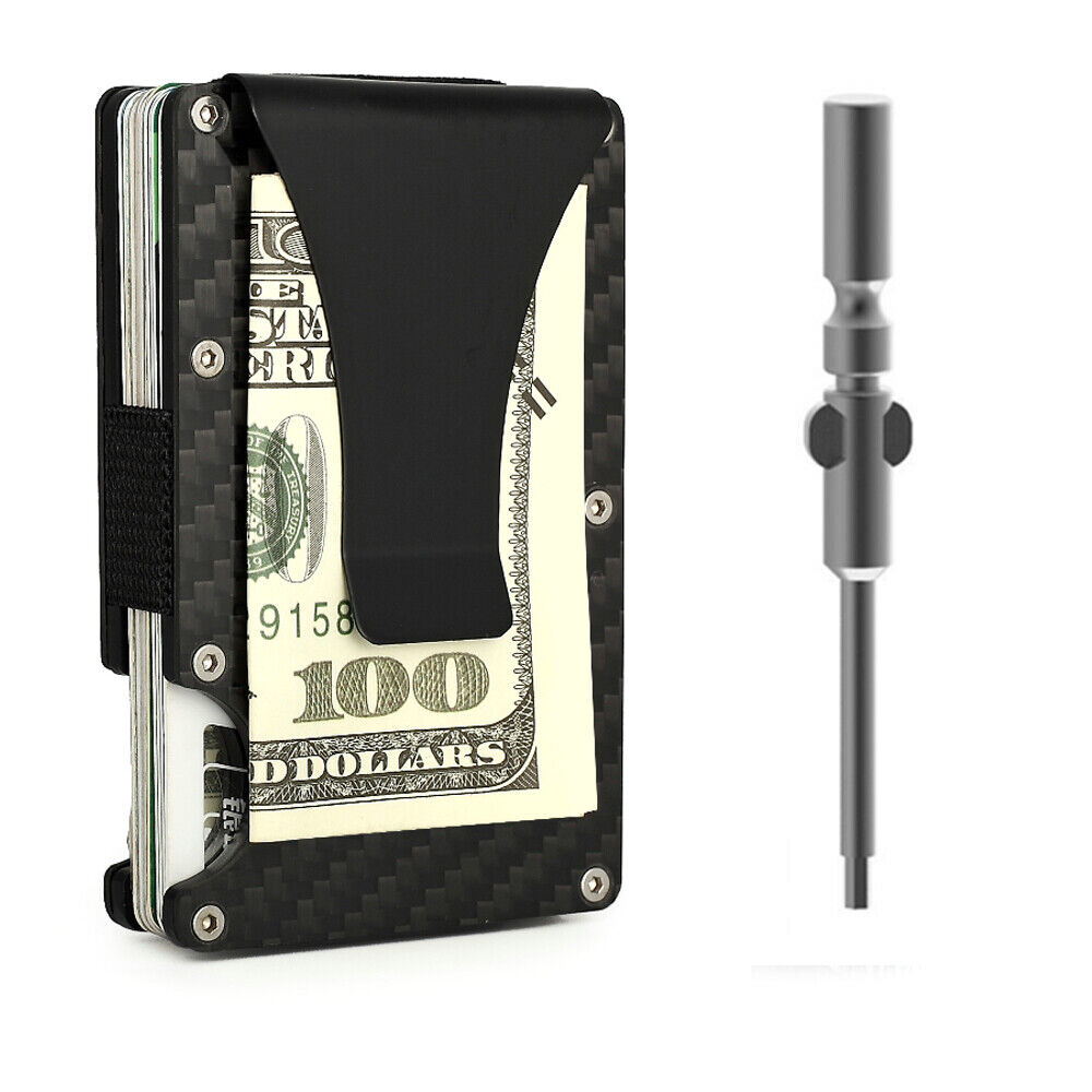 Men Slim Carbon Fiber Credit Card Holder RFID Blocking Metal Wallet Clip