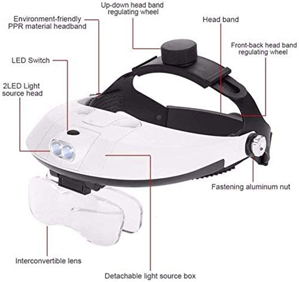 Jewelry Headband Magnifier 2 LED Lamp Head Mounted Magnifying Glass Loupe Light