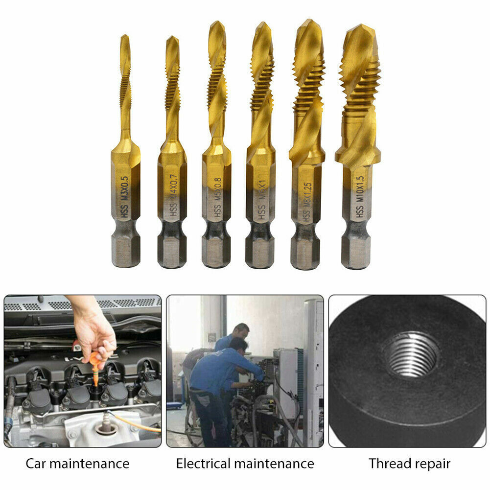 6pcs Drill Tap Countersink Deburr Set Metric Combination Drill Tap Bit M3-M10 OZ