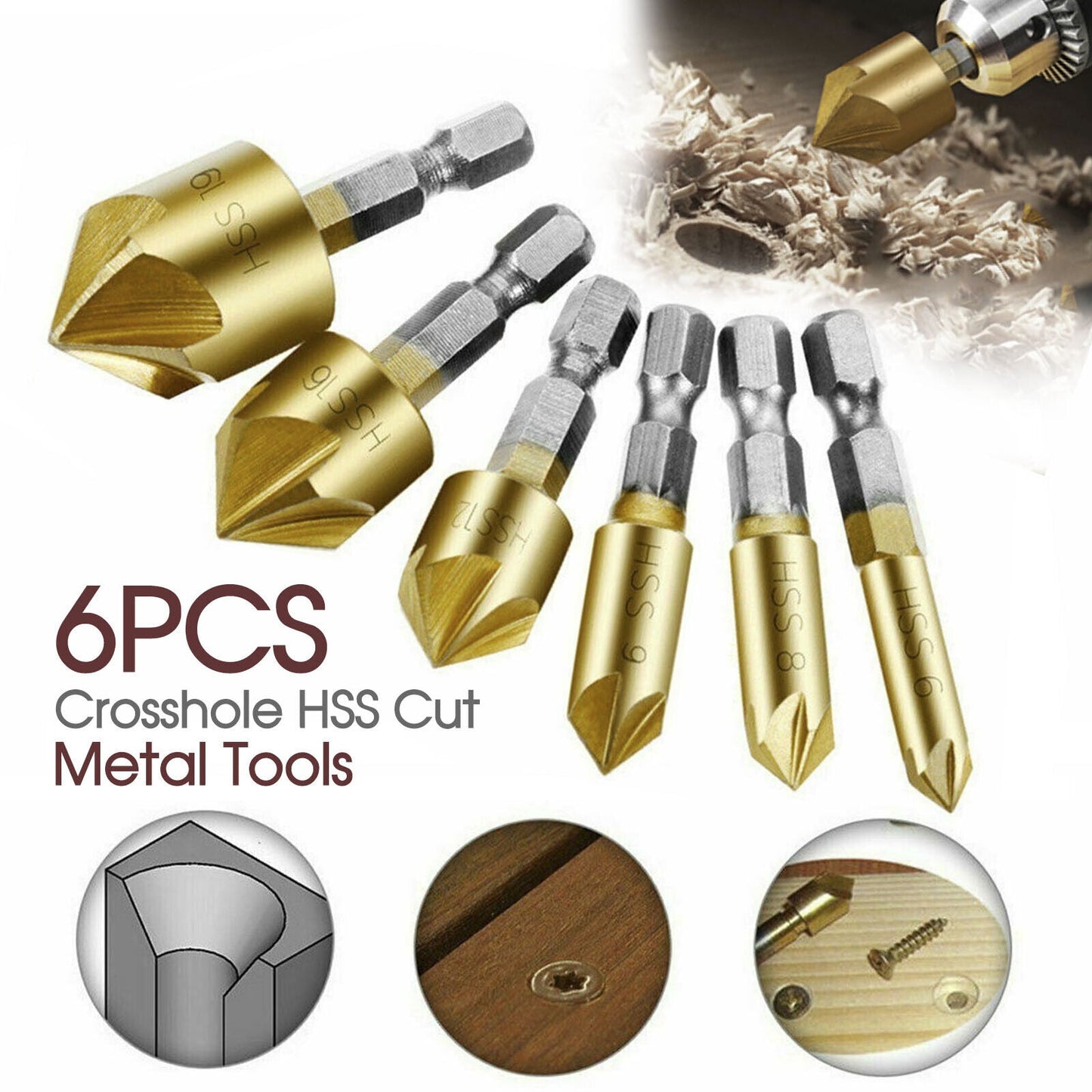 6pcs Countersink Drill Bit Crosshole Cutting Tool Drill Bits Metal Drilling AU
