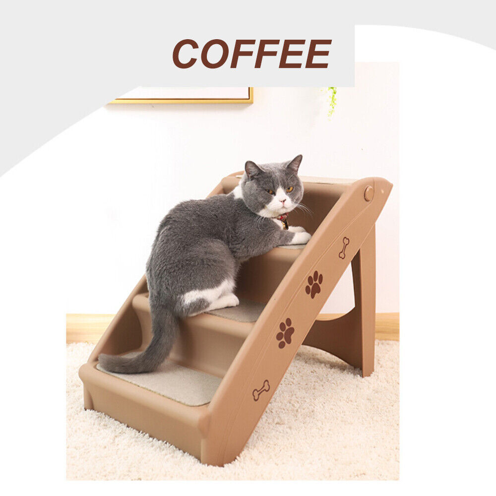 Pet Stairs 3 Steps Portable Cat Dog Ladder w/ Washable Ramp Climb For Pup Play
