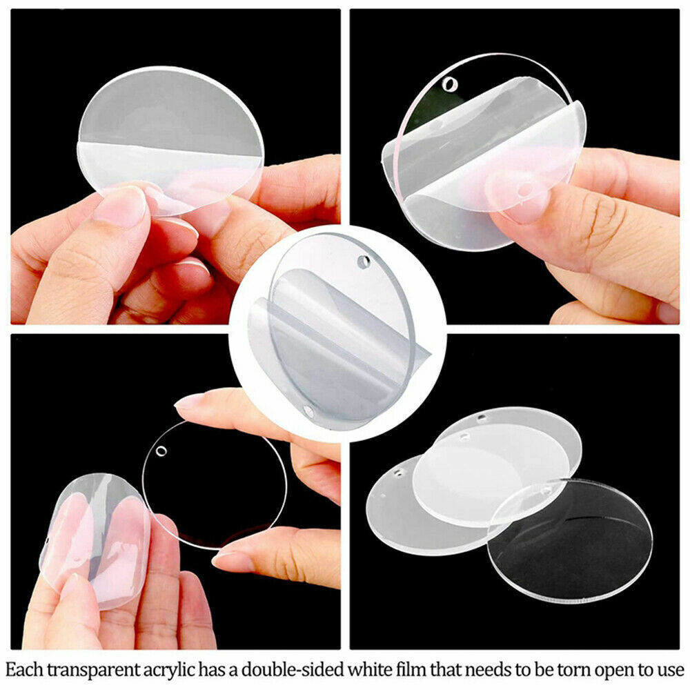 200x Keyring Clear Acrylic Circle Discs Keychain Blanks Tassel Pendants DIY Kit