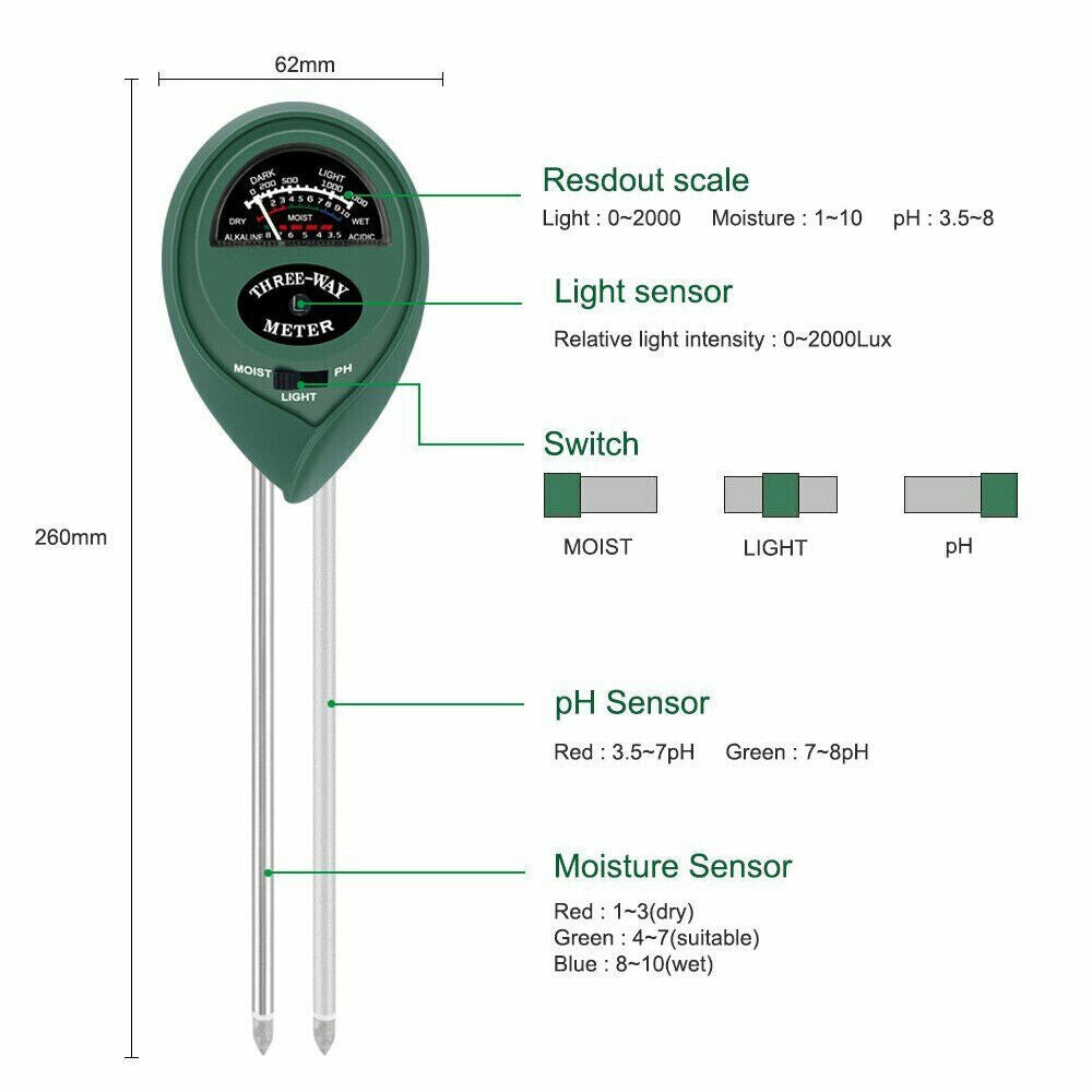 3 in 1 Soil PH Tester Water Moisture Test Meter Kit For Garden Plant Testing