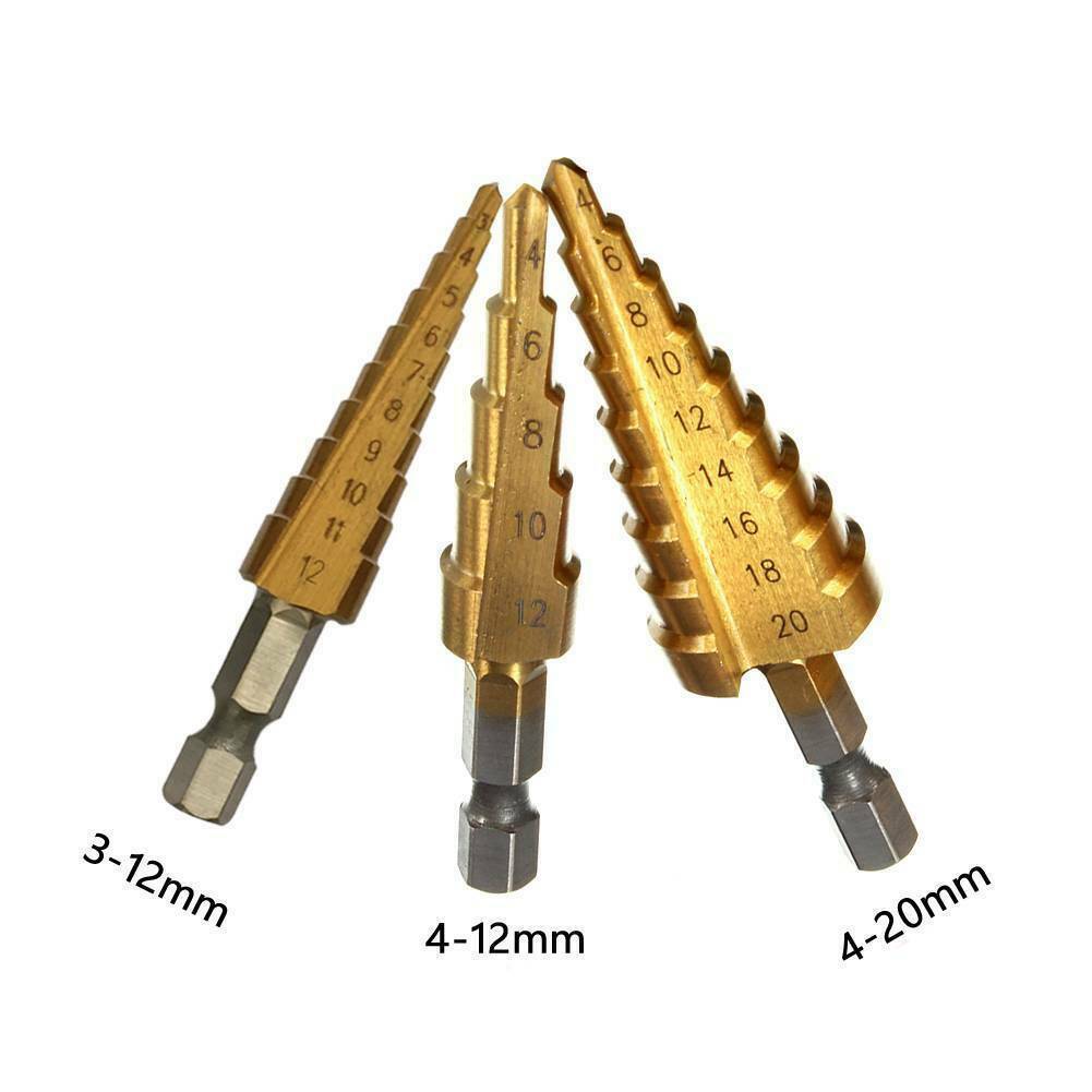 3pcs HSS Step Cone Drill Titanium Stee Hole Cutter Bit Set 3-20mm + Pouch AU