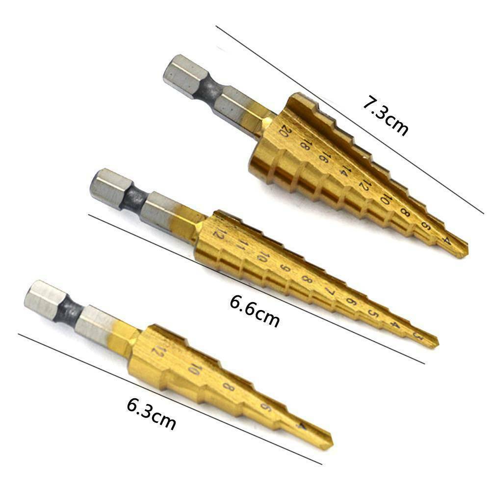 3pcs HSS Step Cone Drill Titanium Stee Hole Cutter Bit Set 3-20mm + Pouch AU