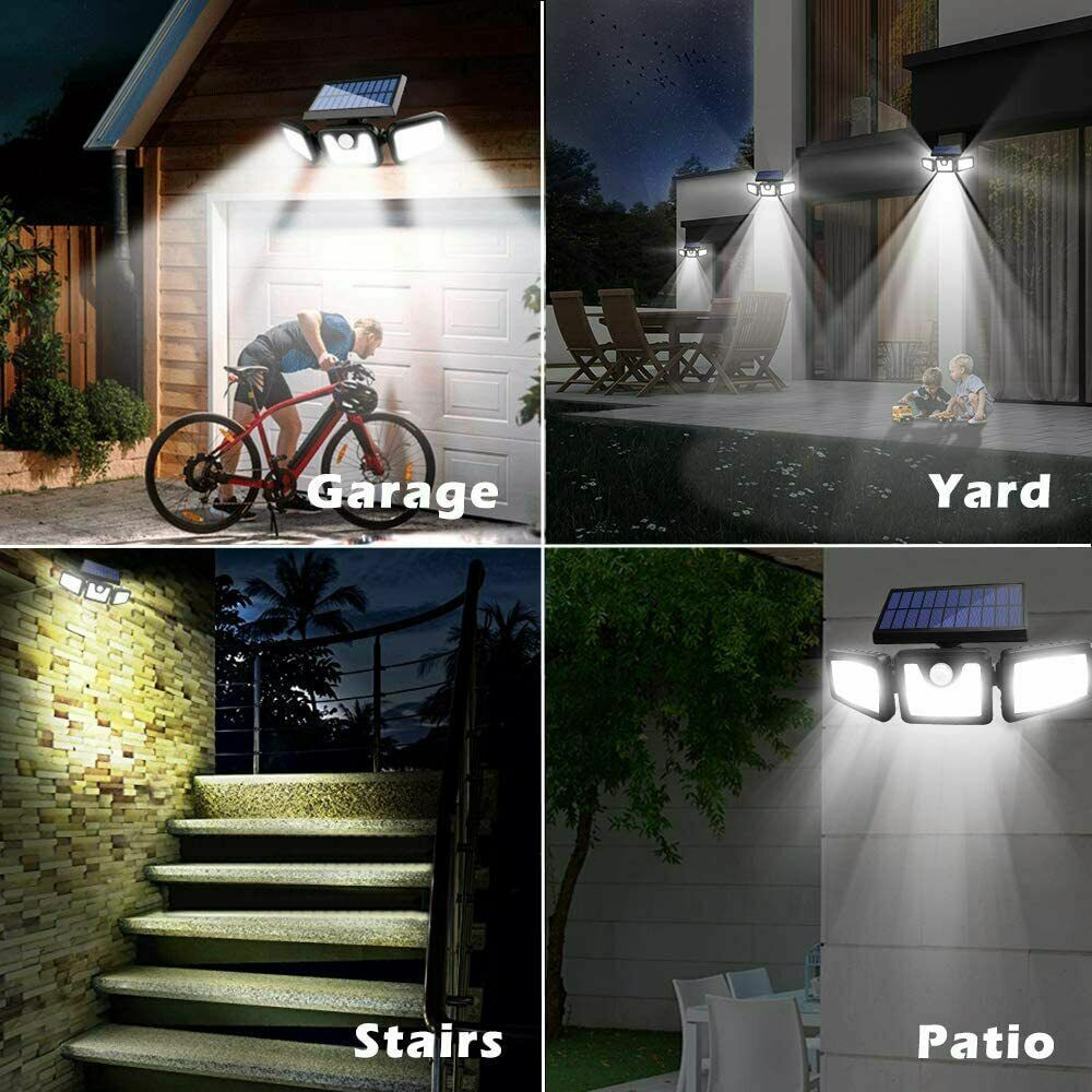 74LEDs 3 Head Solar Motion Sensor Light Outdoor Garden Wall Security Flood Lamp