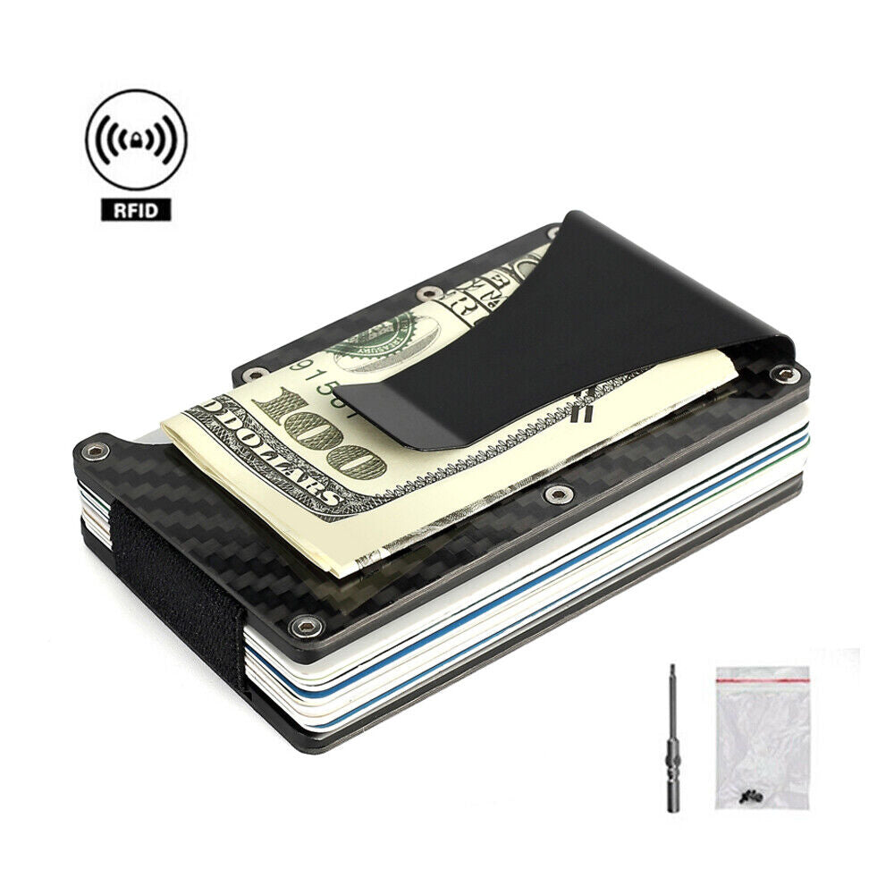 Men Slim Carbon Fiber Credit Card Holder RFID Blocking Metal Wallet Clip