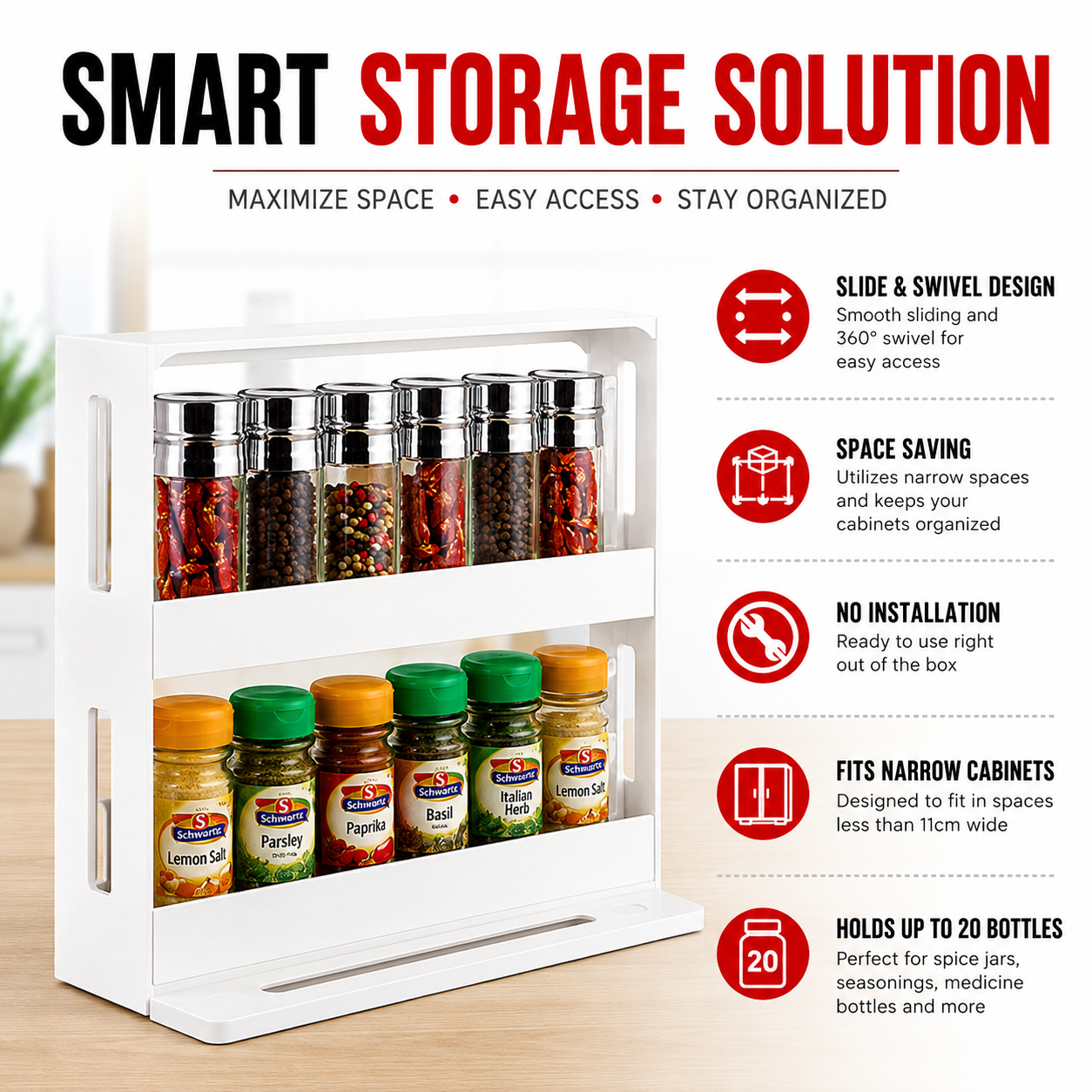 Slide Out Spice Rack Organizer Kitchen Cabinet Swivel Storage Holder