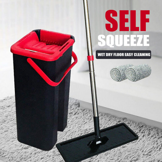 NEW Micro fibre Flat Mop and Bucket Floor Cleaner Set with 2 Pads Wet Dry