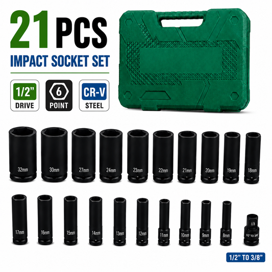 21PCS 1/2" Drive Deep Impact Socket Set Metric CR-V Garage Tool Kit