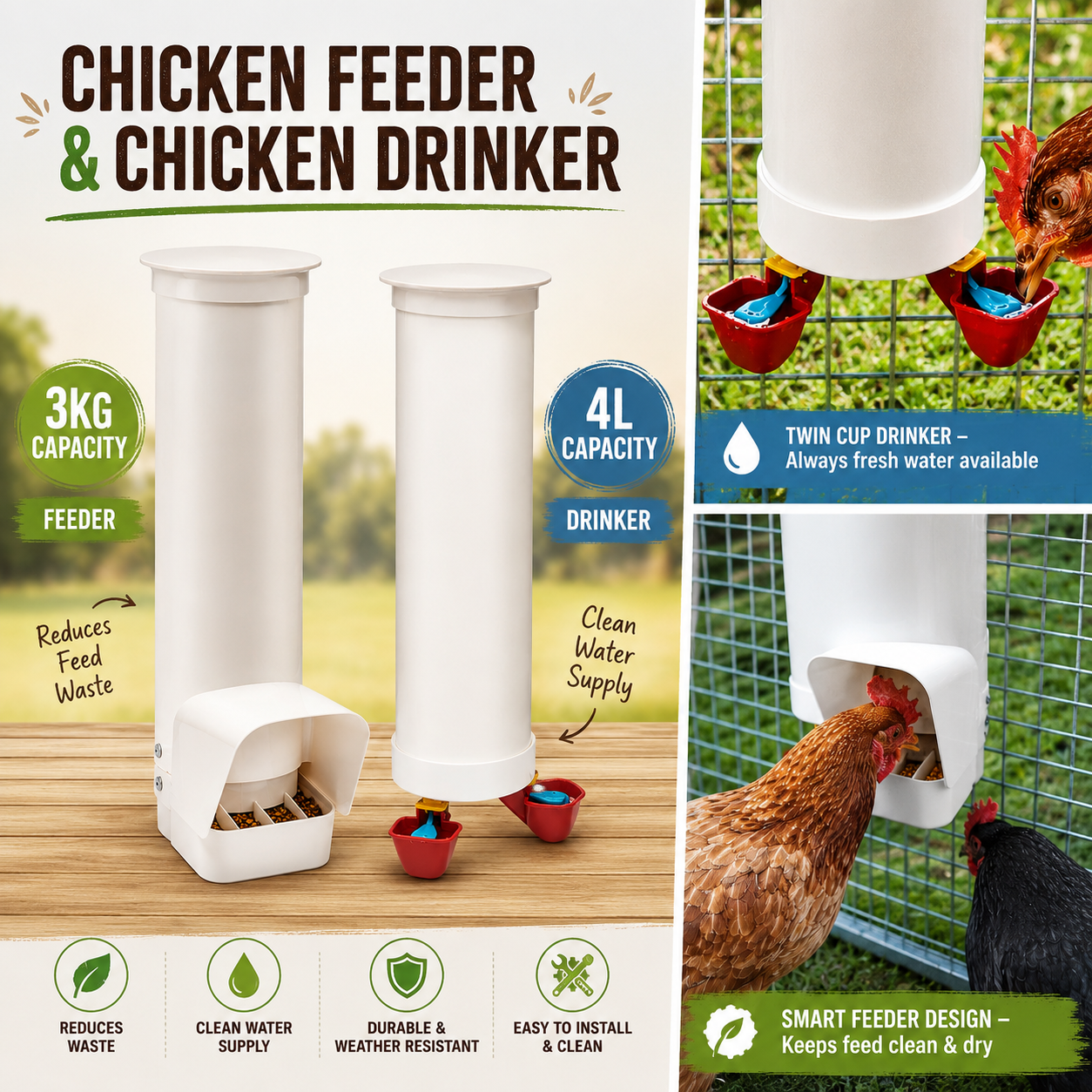Automatic Poultry Feeder & Water Drinker Set Chicken Coop 3KG 4L