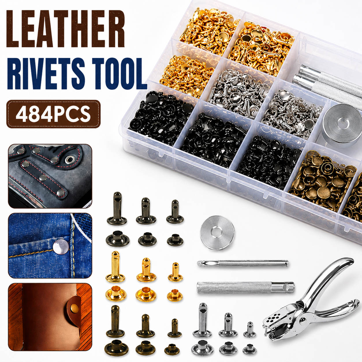 484PCS Double Cap Leather Rivet Kit Metal Studs Punch Tool Set DIY